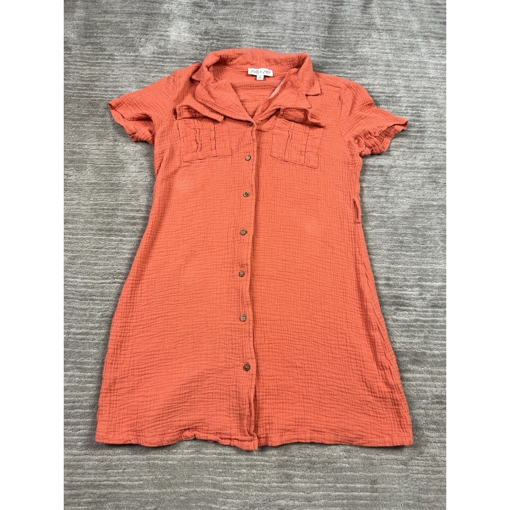 She + Sky Dress Women Medium Orange Short Sleeve Button Front Gauzey Mini Cotton